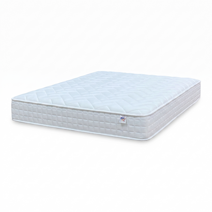 Full view of angled view of the Comfort Pocket 1000 double mattress, showcasing its deep quilted top surface, modern grey breathable border, and clean white fabric design.
