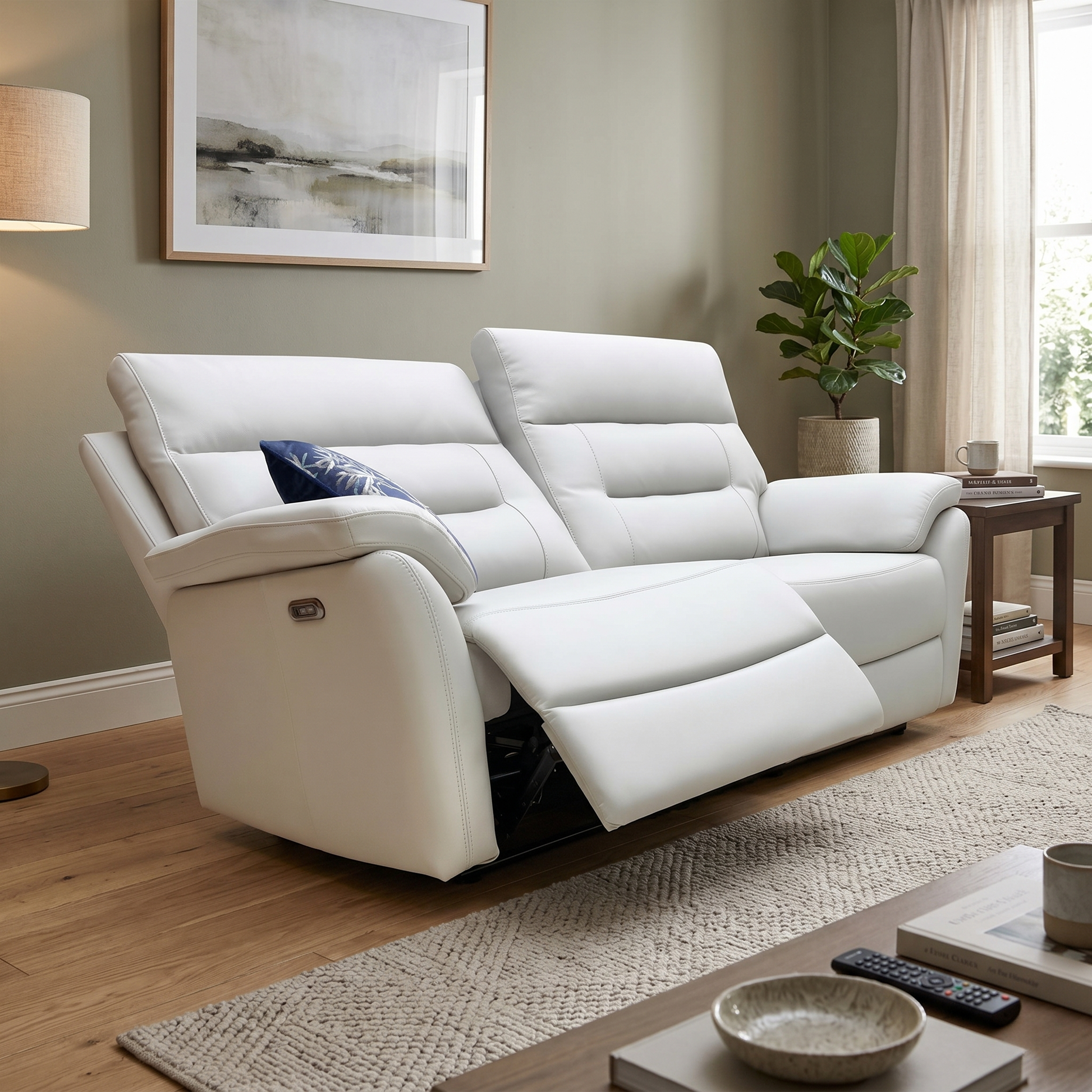 Living room view of the Salerno light grey leather 3-seater sofa fully reclined, showcasing the extended electric footrests and smooth power-reclining mechanism for premium comfort.