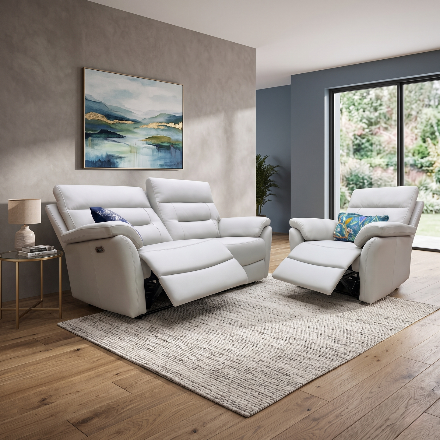 ‘Sally' Light Grey Leather 3 Seater + Power Recliner Chair Sofa Set