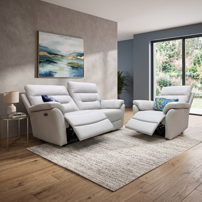 ‘Sally' Light Grey Leather 3 Seater + Power Recliner Chair Sofa Set