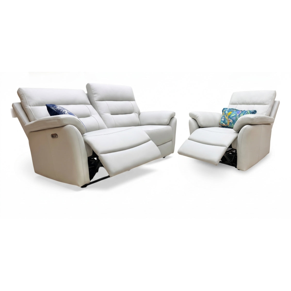 ‘Sally' Light Grey Leather 3 Seater + Power Recliner Chair Sofa Set