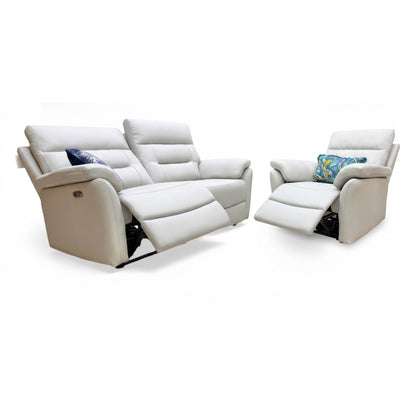‘Sally' Light Grey Leather 3 Seater + Power Recliner Chair Sofa Set