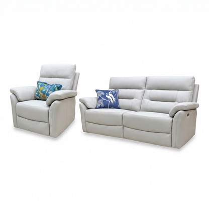 ‘Sally' Light Grey Leather 3 Seater + Power Recliner Chair Sofa Set