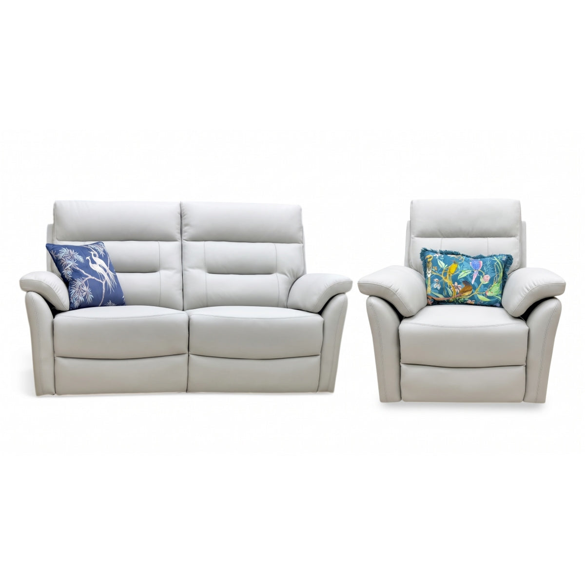 ‘Sally' Light Grey Leather 3 Seater + Power Recliner Chair Sofa Set