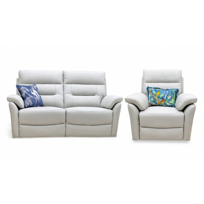‘Sally' Light Grey Leather 3 Seater + Power Recliner Chair Sofa Set