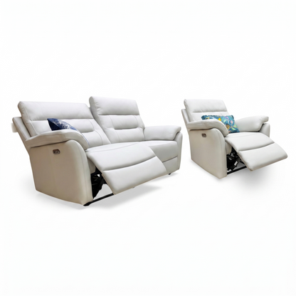 ‘Sally' Light Grey Leather 3 Seater + Power Recliner Chair Sofa Set