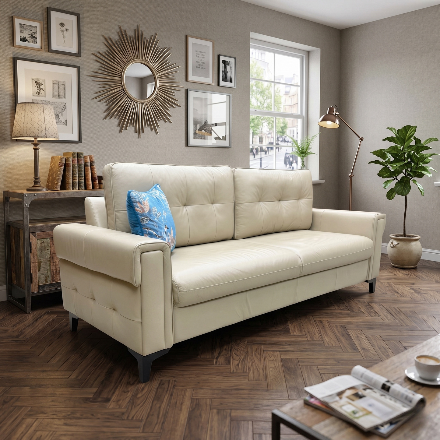 'Zoom' Dacota Pebble Cream La-4305 Leather 3 Seater Sofa Bed