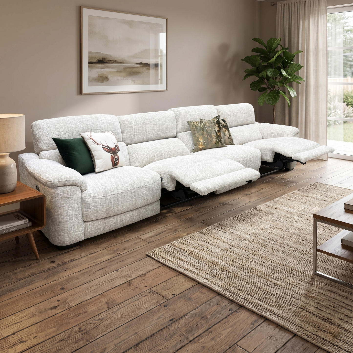 Living room of the Nova beige fabric XL 4-seater sofa fully reclined, demonstrating the dual electric footrests extended for premium lounging comfort.