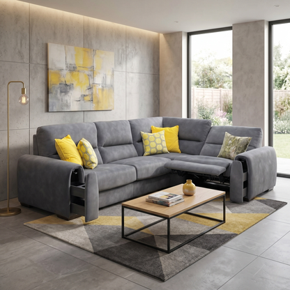 Living room view of the power recliner section of the Flex graphite grey fabric corner sofa fully extended, showcasing the electric footrest mechanism for customized lounging.