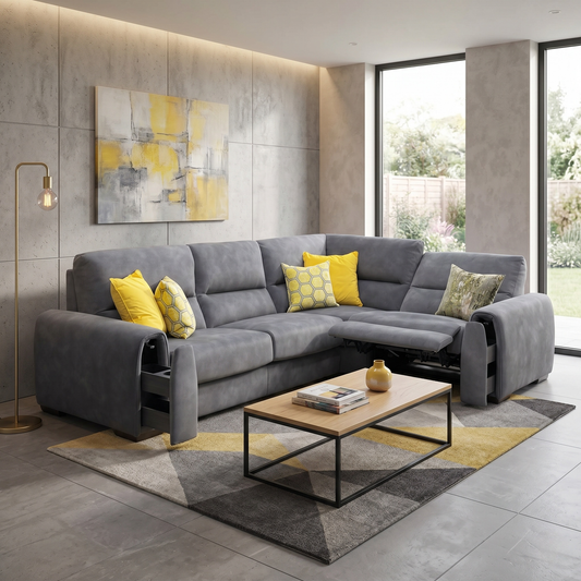 ‘Flex’ Sfa-Pey-R08 Graphite Grey Fabric Small Corner Sofa Bed with Power Recliner and Storage Arms