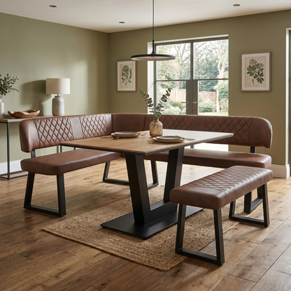 Venus Dining Set - Earth Finish Table, Tan Brown Faux Leather Left Hand Facing Corner Bench & Low Dining Bench