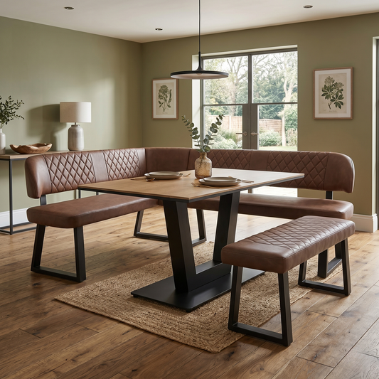 Venus Dining Set - Earth Finish Table, Tan Brown Faux Leather Left Hand Facing Corner Bench & Low Dining Bench