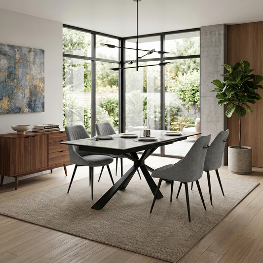 'Crete' Ceramic Top Large Extending Dining Table & 4 Dark Grey Fabric Swivel Chairs Set