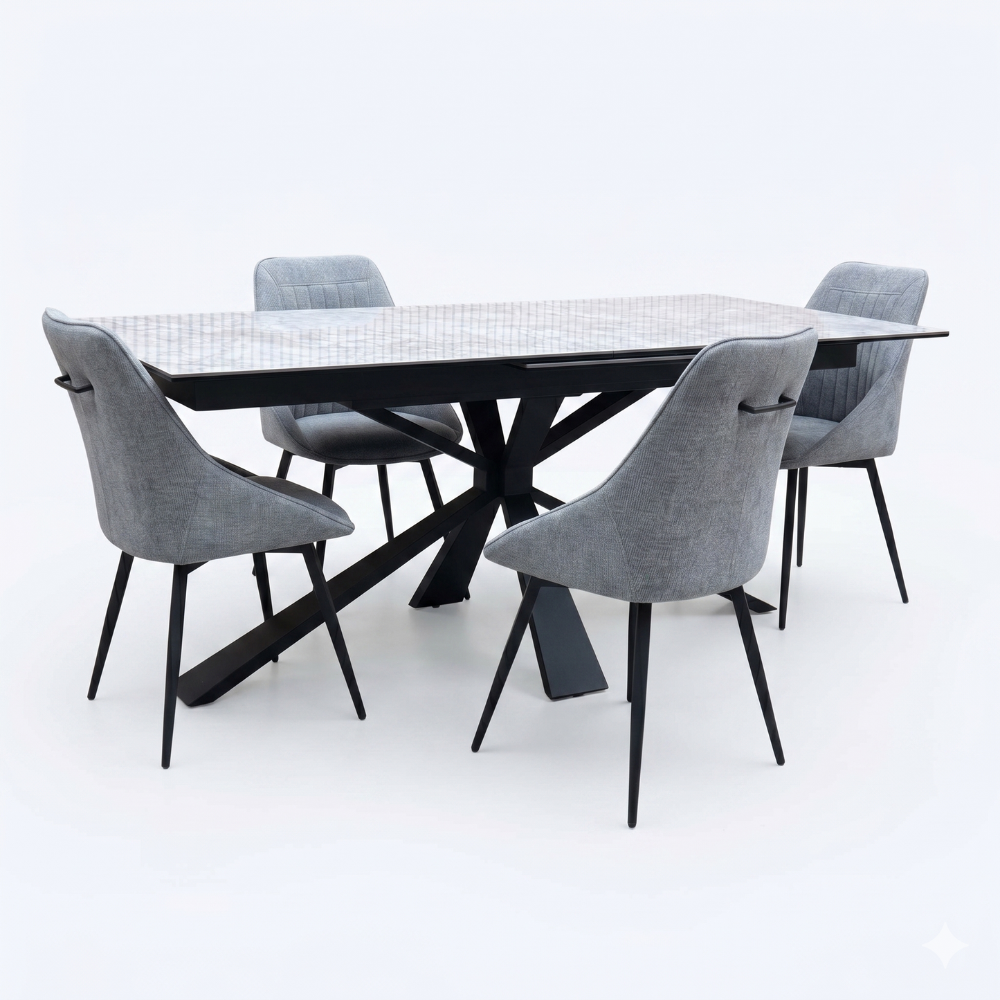 'Crete' Ceramic Top Large Extending Dining Table & 4 Dark Grey Fabric Swivel Chairs Set