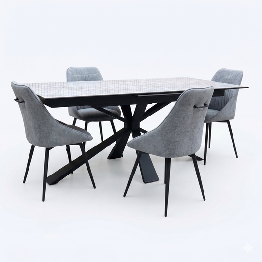 ‘Catalina’ Large Extending Ceramic Top Dining Table with Dark Grey Faux Leather Set of 4 Swivel Dining Chairs