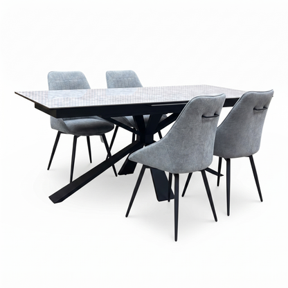 ‘Catalina’ Large Extending Ceramic Top Dining Table with Dark Grey Faux Leather Set of 4 Swivel Dining Chairs
