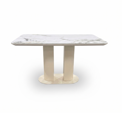 'Avorio' Ceramic Top Fixed Dining Table with Neutral Faux Leather Right Hand Facing Corner Dining Bench