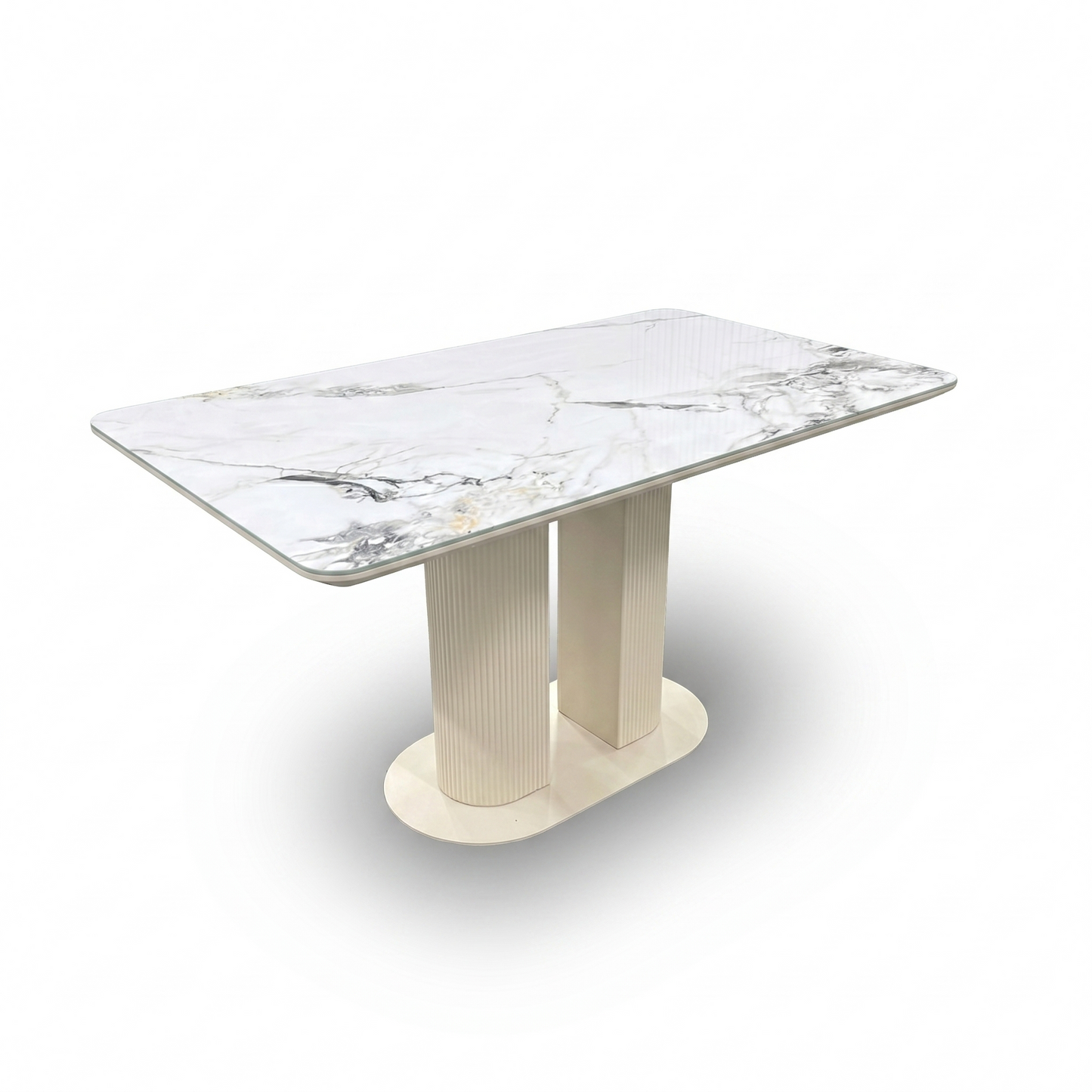 'Avorio' Ceramic Top Fixed Dining Table with Neutral Faux Leather Right Hand Facing Corner Dining Bench