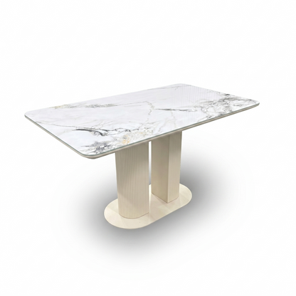 'Avorio' Ceramic Top Fixed Dining Table with Neutral Faux Leather Right Hand Facing Corner Dining Bench