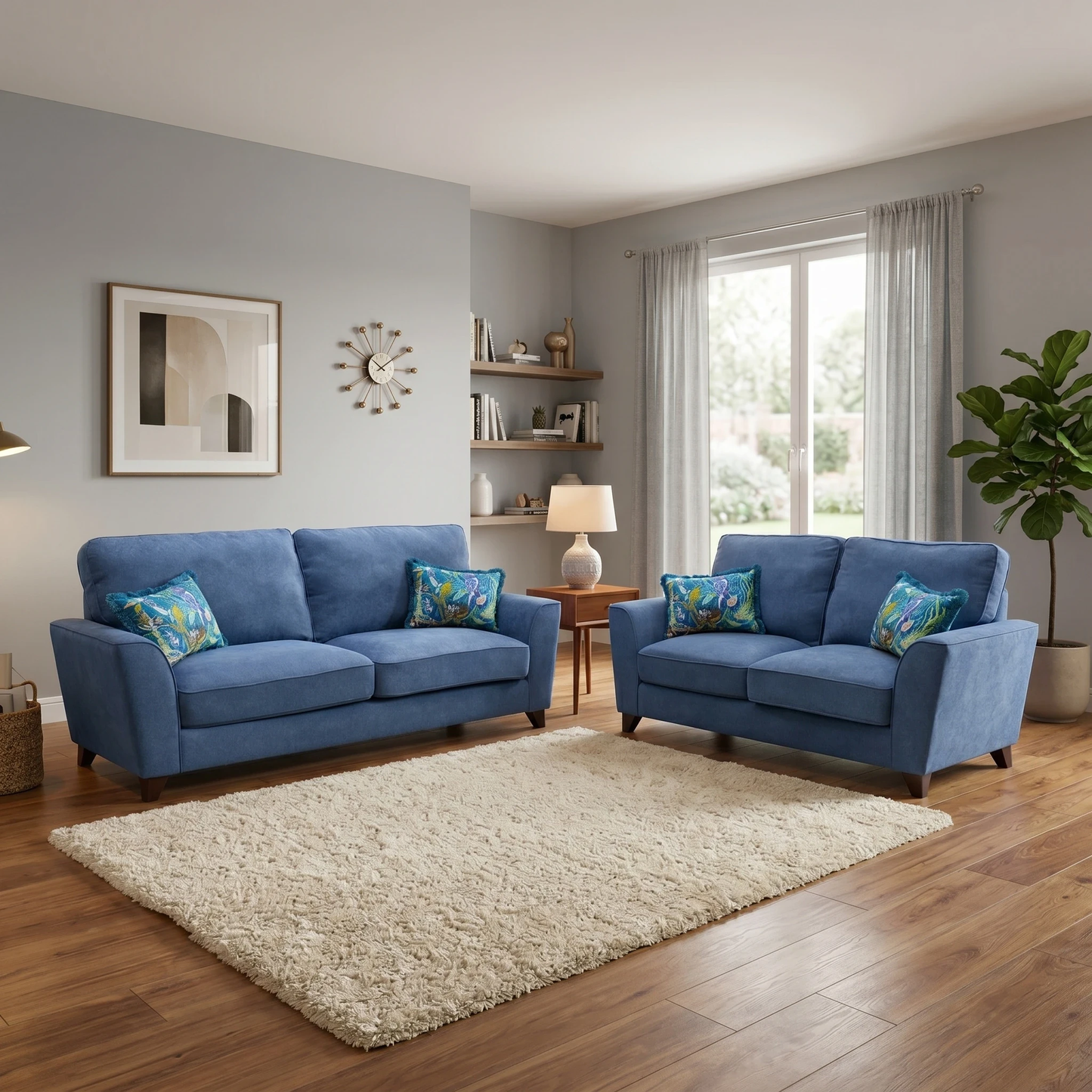 'Legend' Cosmo Navy Blue Fabric 3 + 2 Seater Classic Back Sofa Set