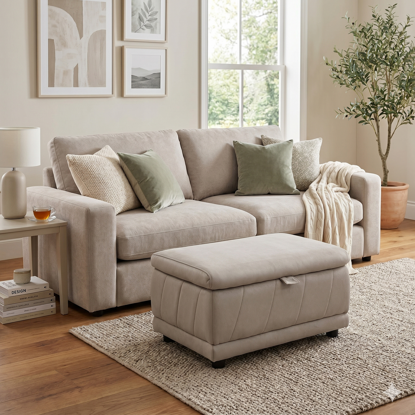 Styled living room lifestyle arrangement featuring the Genius latte taupe storage footstool positioned neatly as a functional chaise extension or coffee table alternative.
