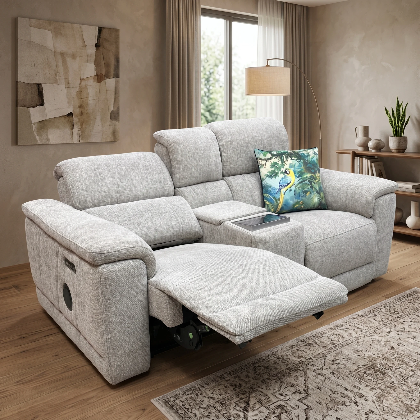 'Genius’ Anivia Khaki 14445 Fabric 2 Seater Power Recliner Media Sofa with Power Headrests, Power Lumbar and Heated Seats