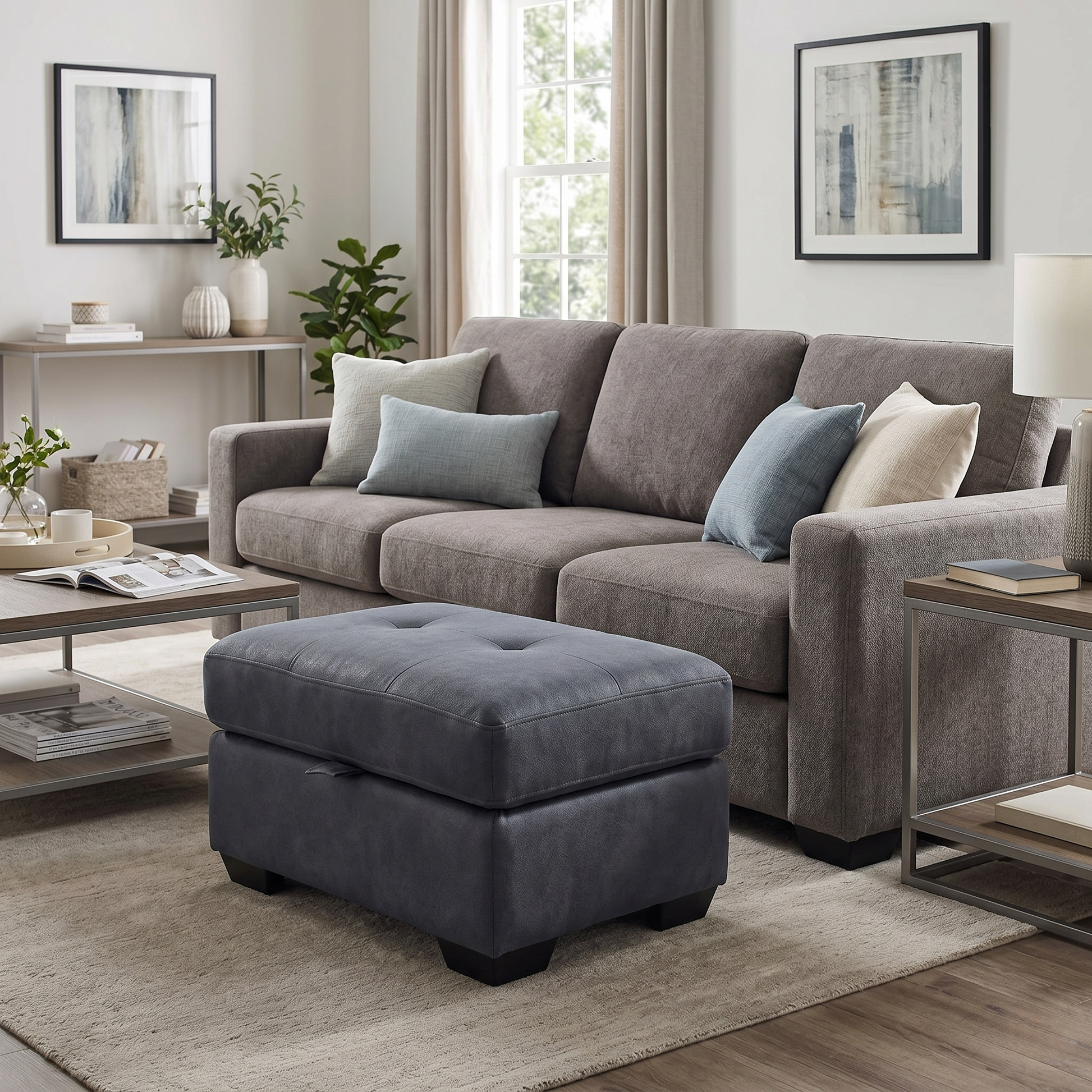 Styled living room lifestyle arrangement featuring the Dinky Dexter shadow charcoal storage footstool positioned neatly as a functional coffee table alternative.