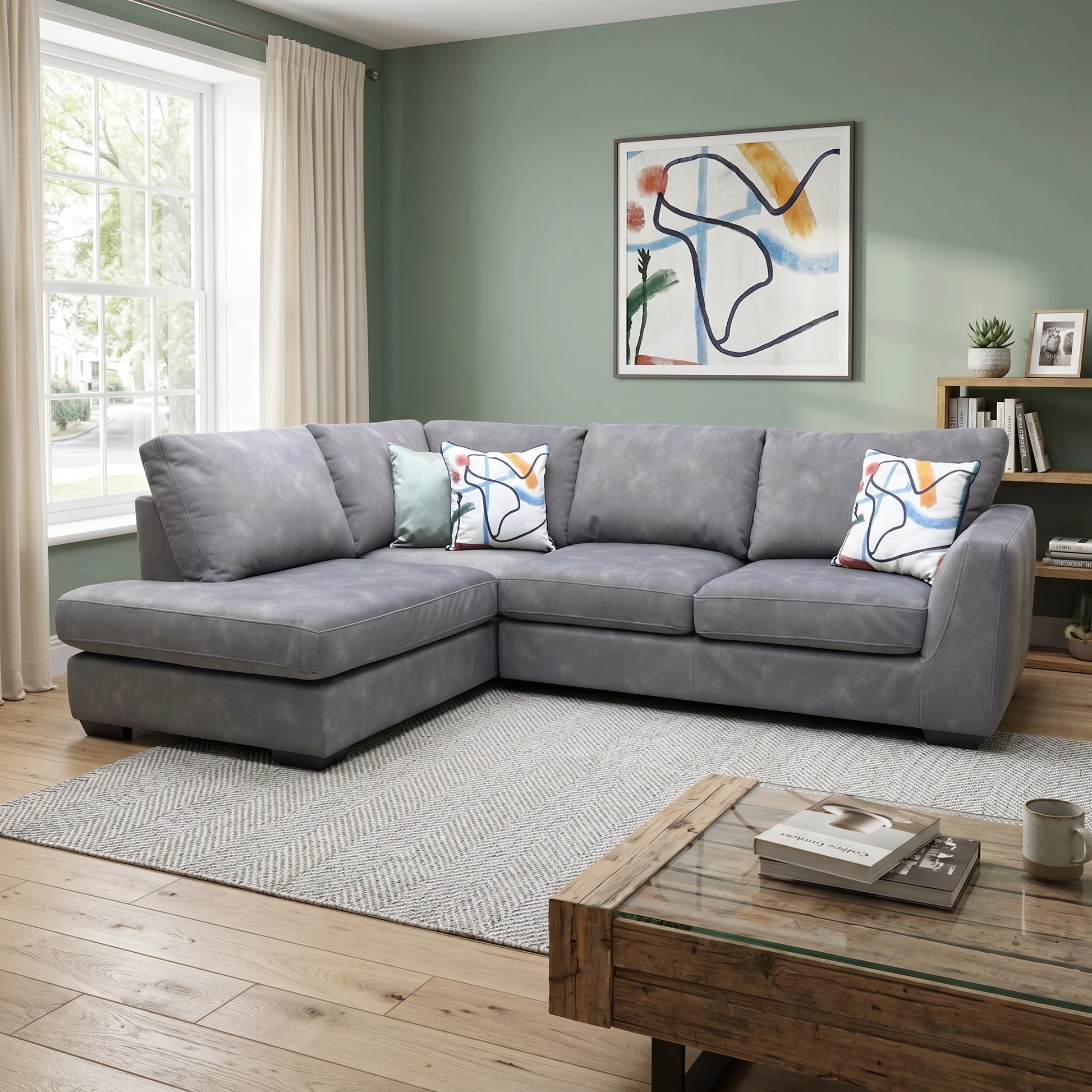 Styled living room lifestyle setup featuring the Dinky Dexter mocha grey fabric corner chaise end sofa arranged as a space-saving seating option.