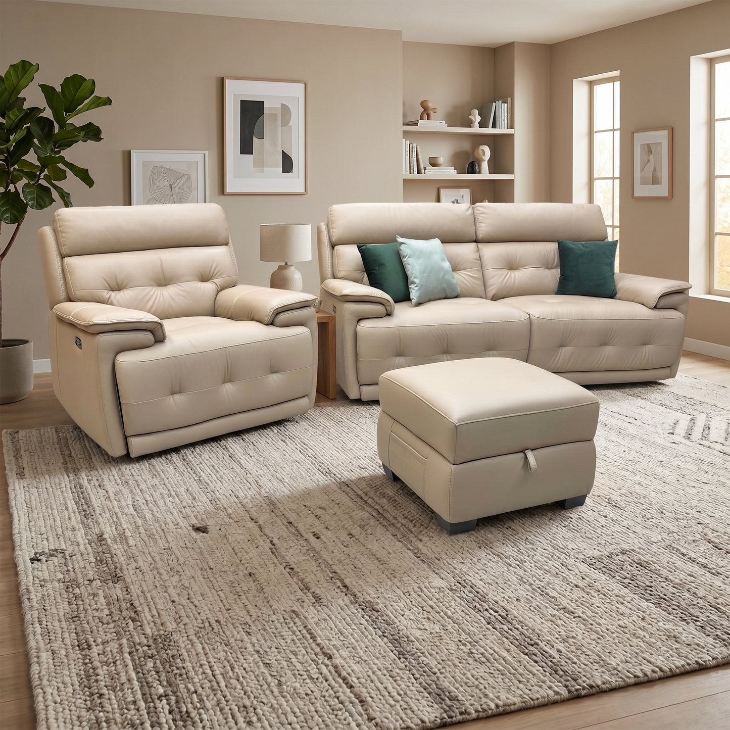 World of Leather ‘Brescia’ Nw-8475 Nude Cream Leather 3 Seater Power Recliner Sofa with Power Headrests + Power Chair + Storage Footstool