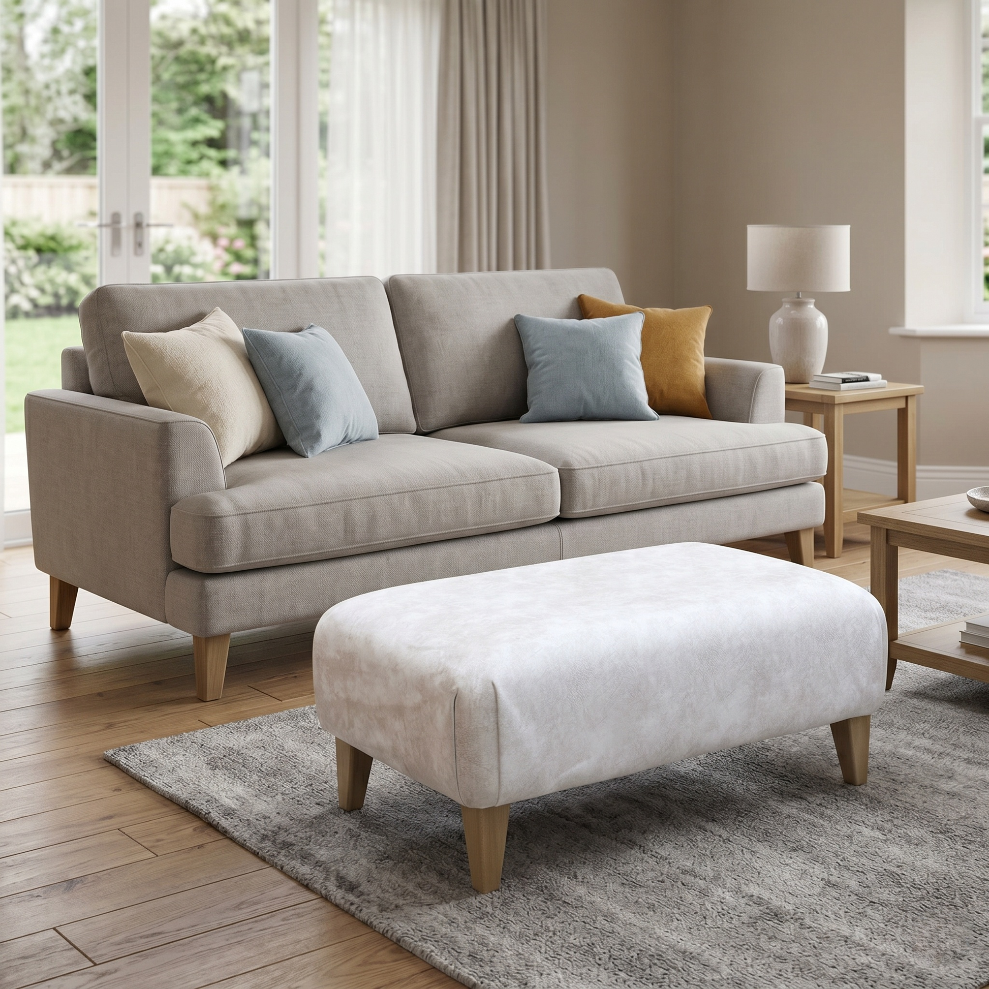 Styled living room lifestyle arrangement featuring the Aura Kenzo cream fabric footstool positioned as a versatile accent piece or comfortable leg rest.