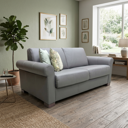 Nicoletti 'Alcova' Torello Grigio Scuro Grey 327 Leather 2 Seater Sofa Bed with Scroll Arms