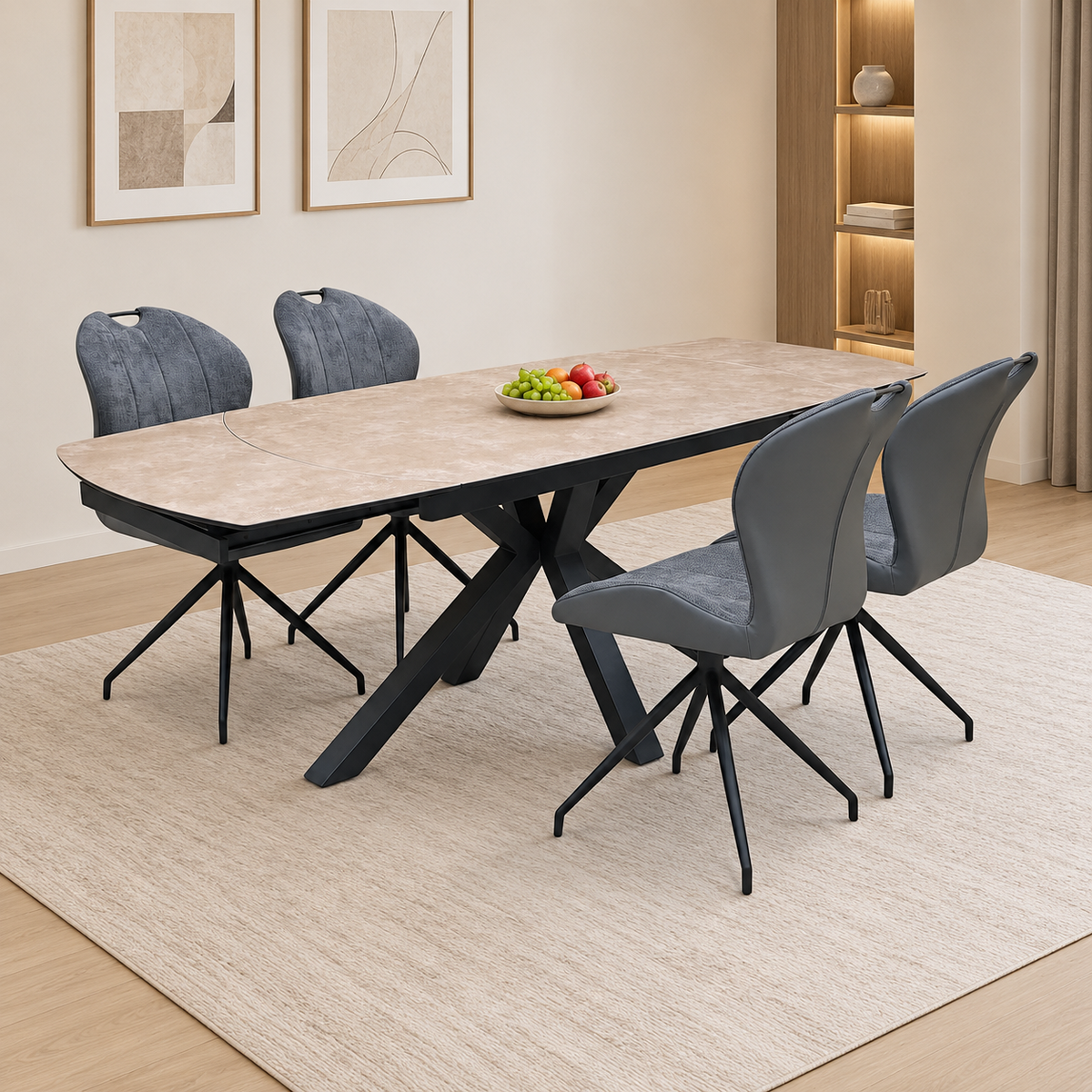 'Raul' Argile Ceramic Top Swivel Extending Dining Table with Anthracite Grey Fabric Set of 4 Swivel Dining Chairs