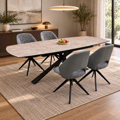 'Raul' Argile Ceramic Top Swivel Extending Dining Table with G6 Anthracite Grey Faux Leather Chairs X 4