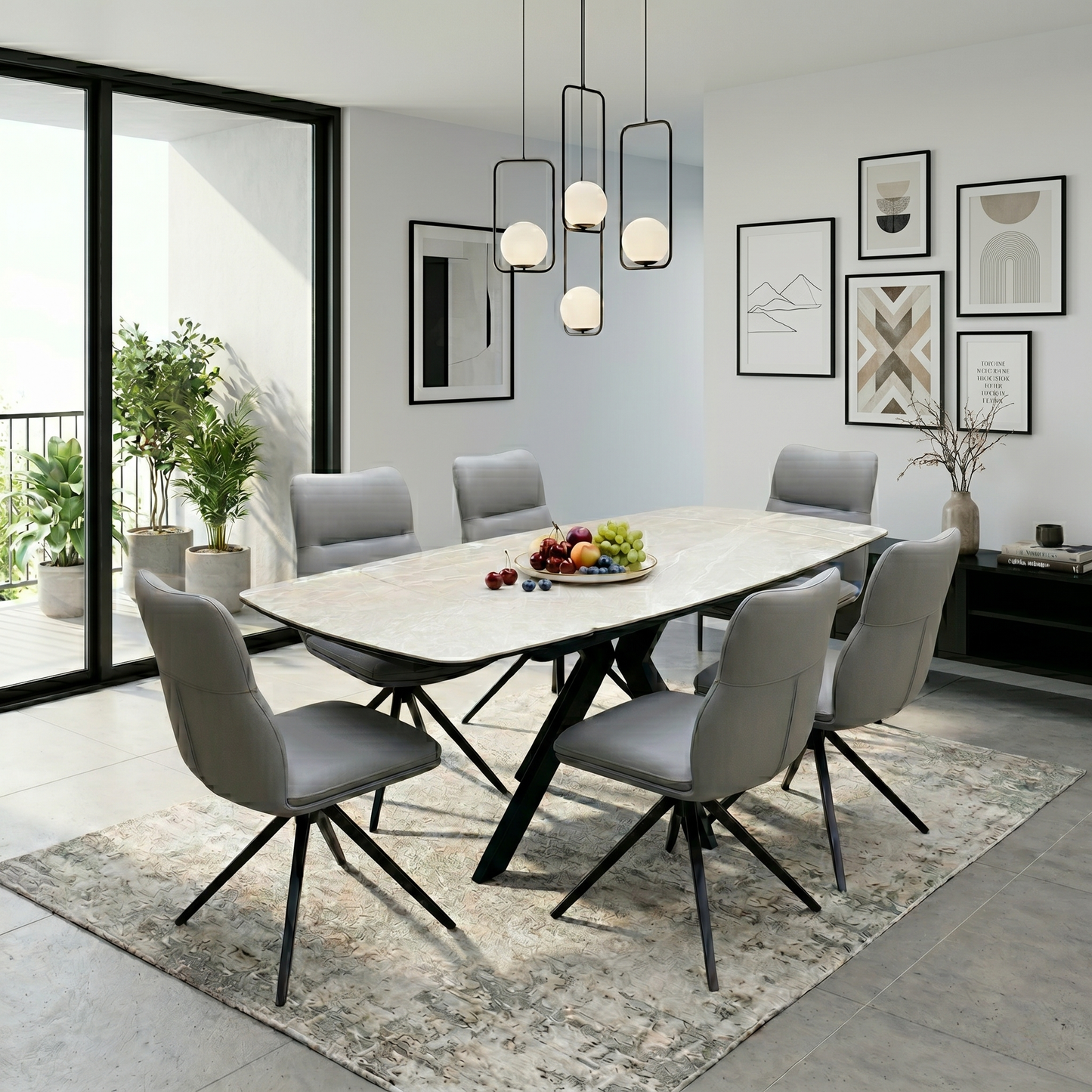 'Quattro' Ash Grey Ceramic Extending Dining Table with 6 Stone Grey Faux Leather Swivel Chairs Set