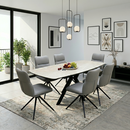 'Quattro' Ash Grey Ceramic Extending Dining Table with 6 Stone Grey Faux Leather Swivel Chairs Set