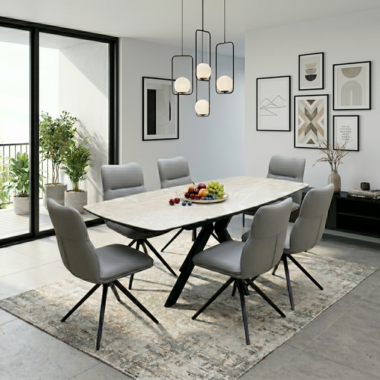 'Quattro' Ash Grey Ceramic Extending Dining Table with 6 Stone Grey Faux Leather Swivel Chairs Set