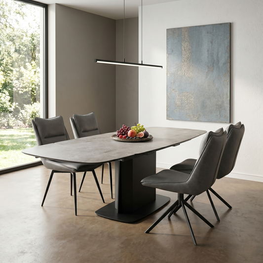 ‘Catalina’ Ceramic Top Large Extending Dining Table with Dark Grey Faux Leather Set of 4 Swivel Dining Chairs