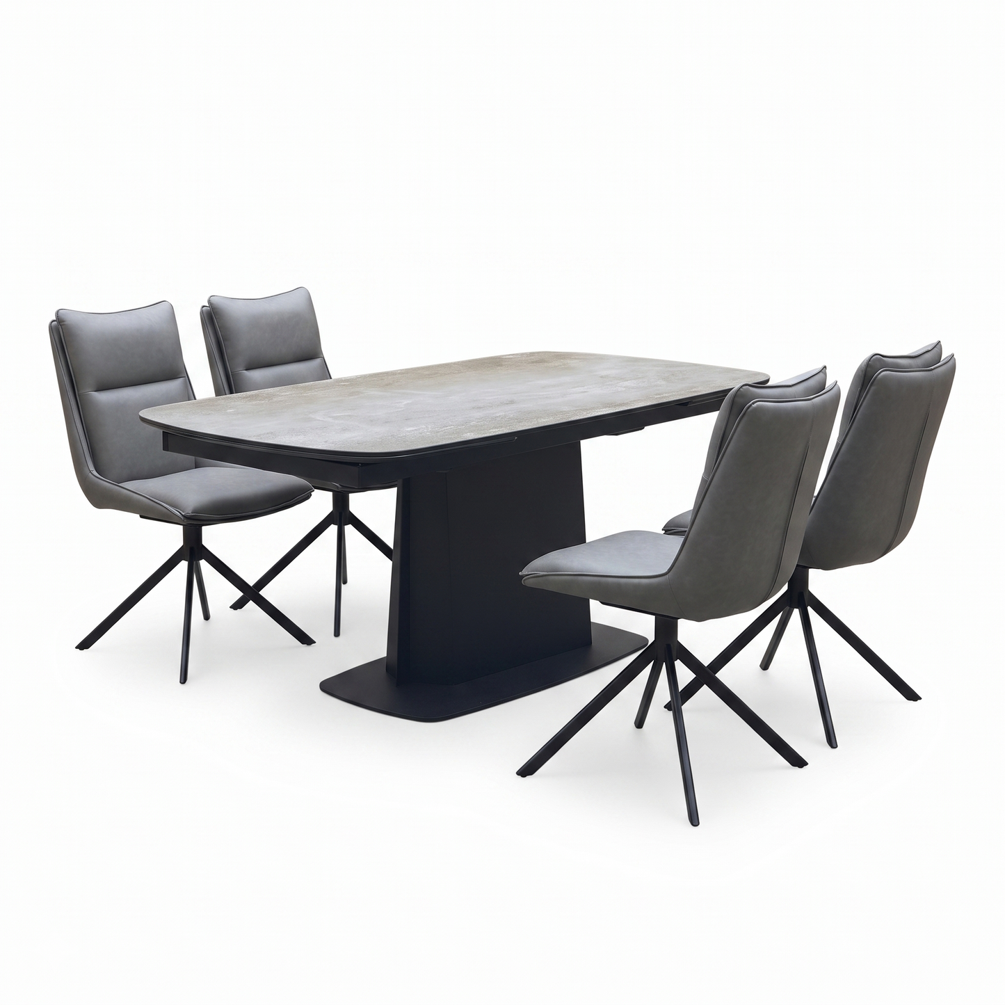 ‘Catalina’ Ceramic Top Large Extending Dining Table with Dark Grey Faux Leather Set of 4 Swivel Dining Chairs