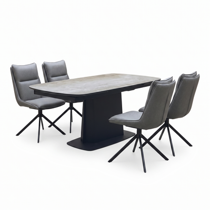 ‘Catalina’ Ceramic Top Large Extending Dining Table with Dark Grey Faux Leather Set of 4 Swivel Dining Chairs