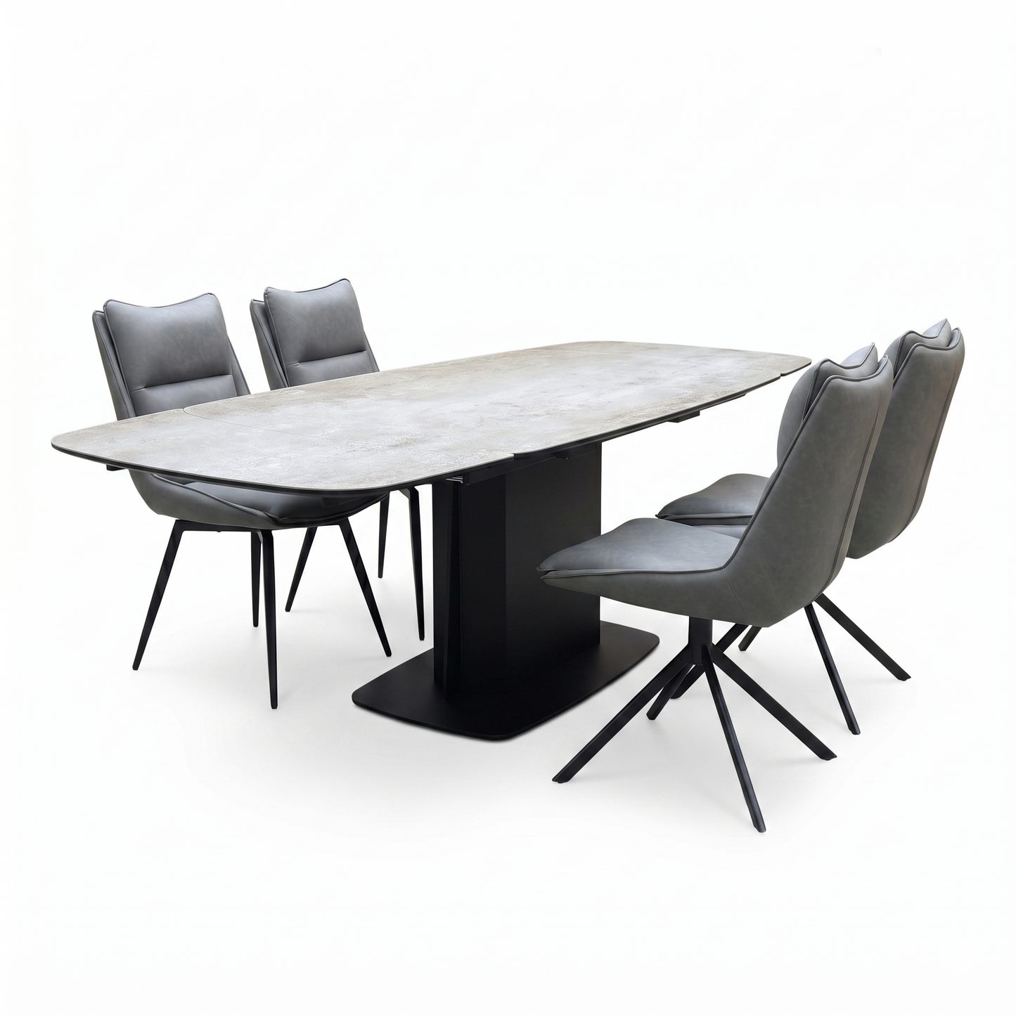 ‘Catalina’ Ceramic Top Large Extending Dining Table with Dark Grey Faux Leather Set of 4 Swivel Dining Chairs