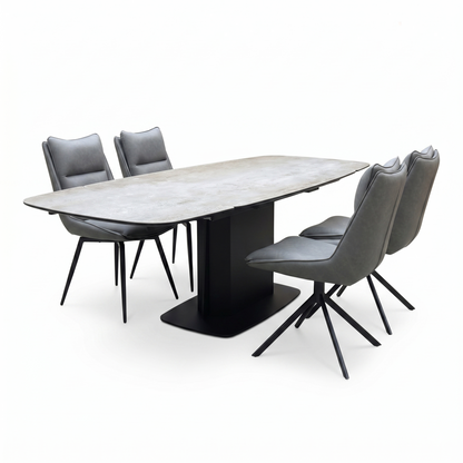 ‘Catalina’ Ceramic Top Large Extending Dining Table with Dark Grey Faux Leather Set of 4 Swivel Dining Chairs