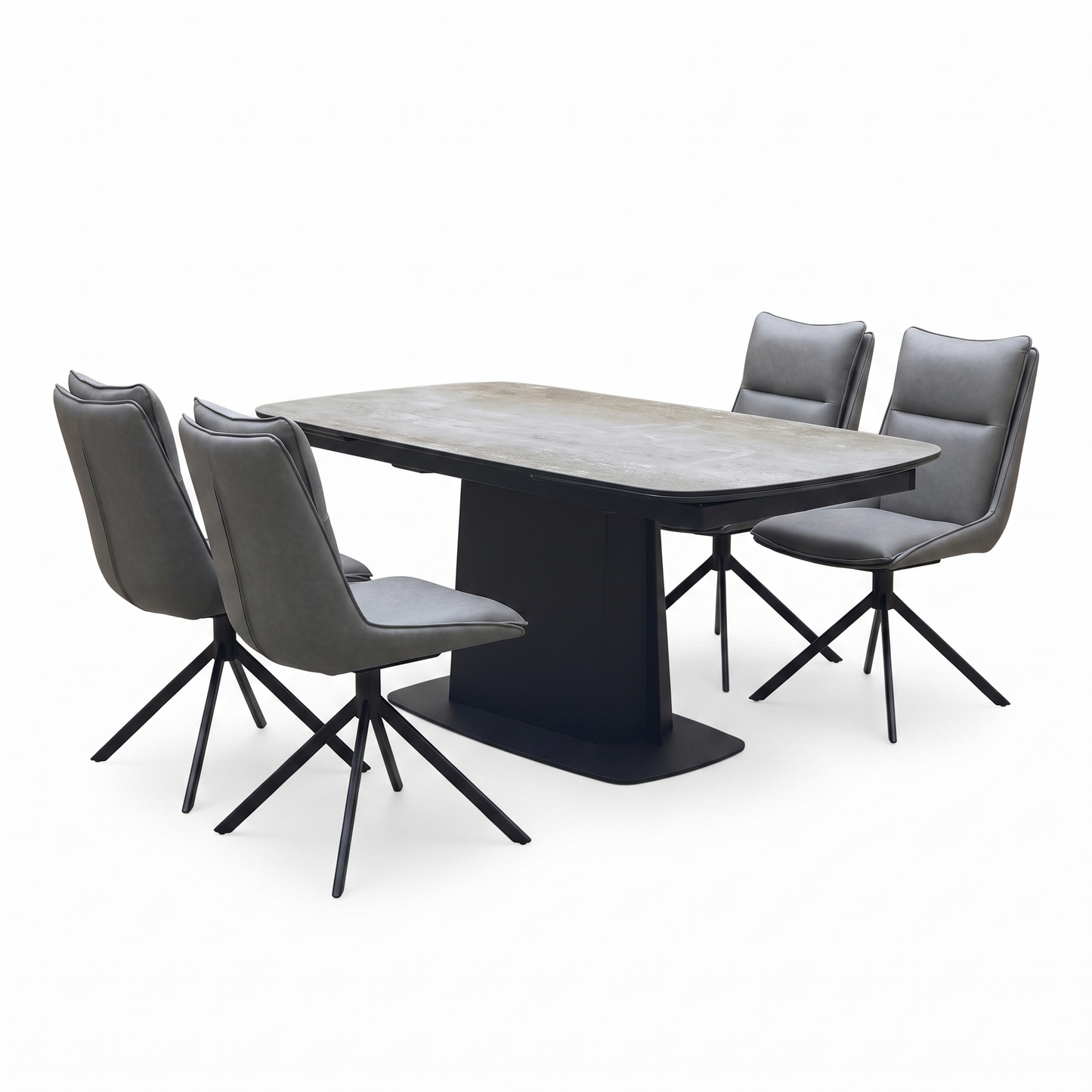 ‘Catalina’ Ceramic Top Large Extending Dining Table with Dark Grey Faux Leather Set of 4 Swivel Dining Chairs