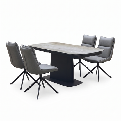 ‘Catalina’ Ceramic Top Large Extending Dining Table with Dark Grey Faux Leather Set of 4 Swivel Dining Chairs
