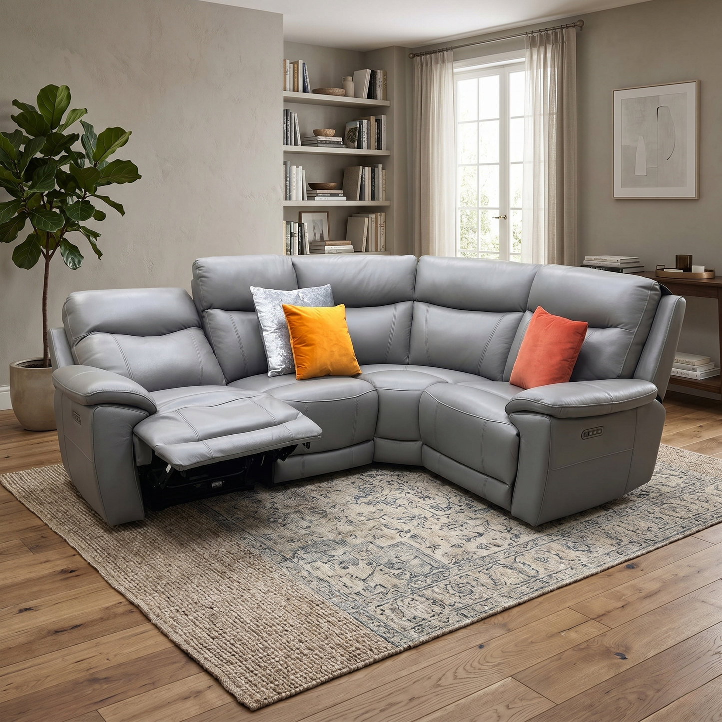 'Sloane' Cat-40_15 Elephant Grey Leather Small Power Recliner Corner Sofa with Power Headrests
