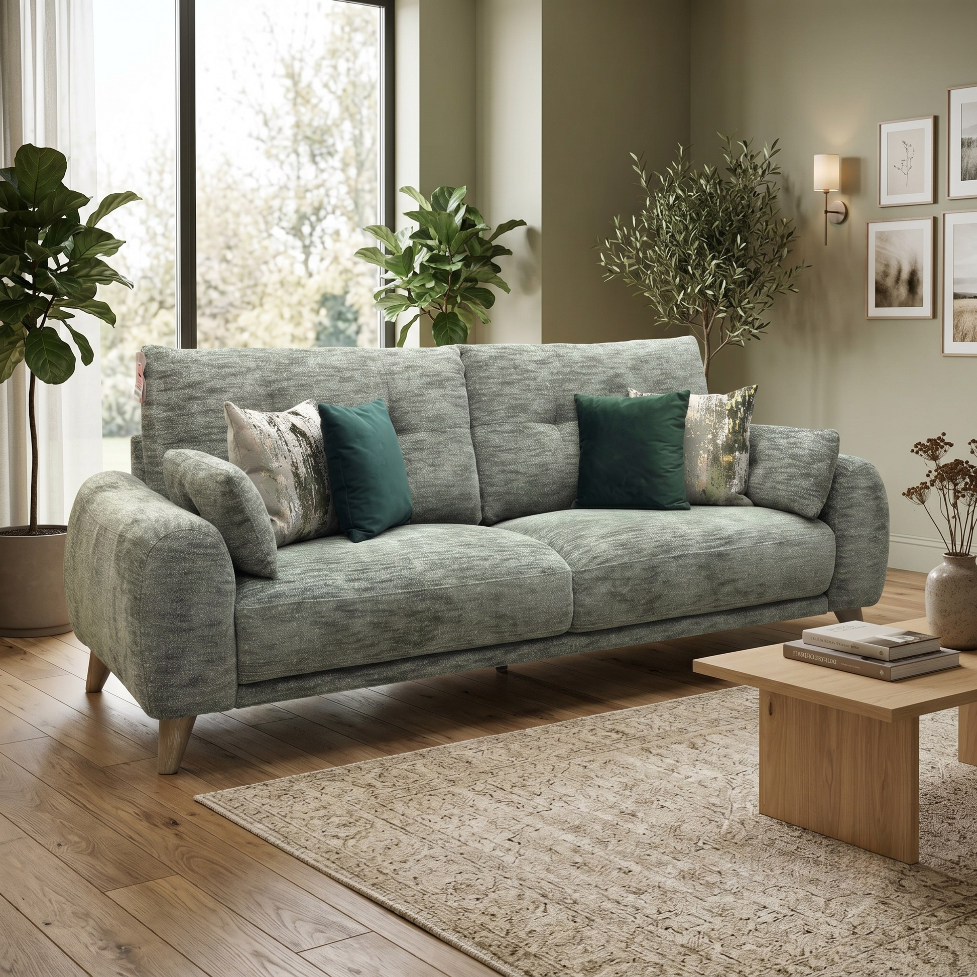 Living room view three-quarter angled view of the Malmo olive green fabric couch, highlighting the slim track armrests, comfortable seating depth, and minimalist modern profile.