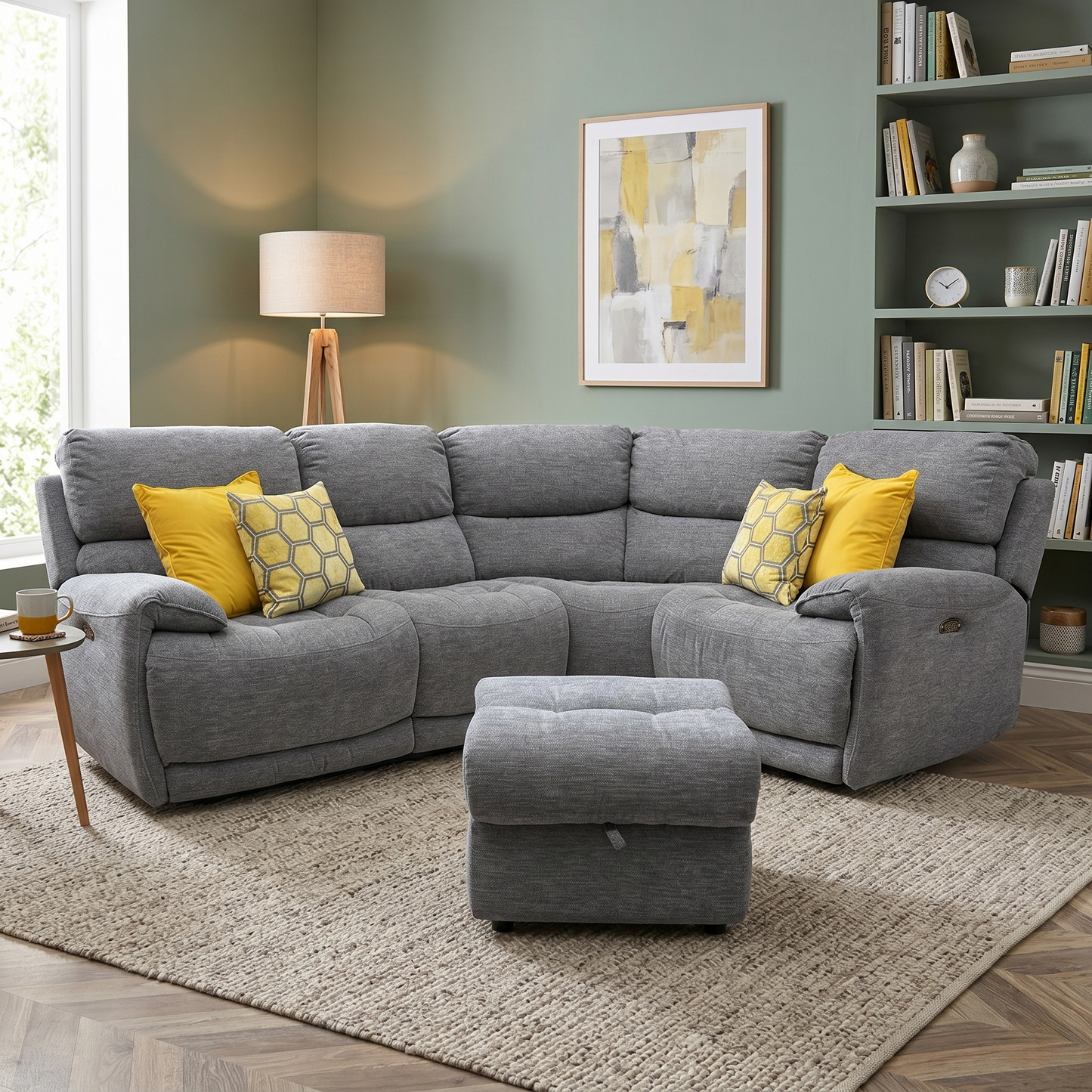 Living room view of the power recliner section of the Link charcoal grey corner sofa fully extended, demonstrating the motorized footrest and independent power headrest adjustment for custom comfort.