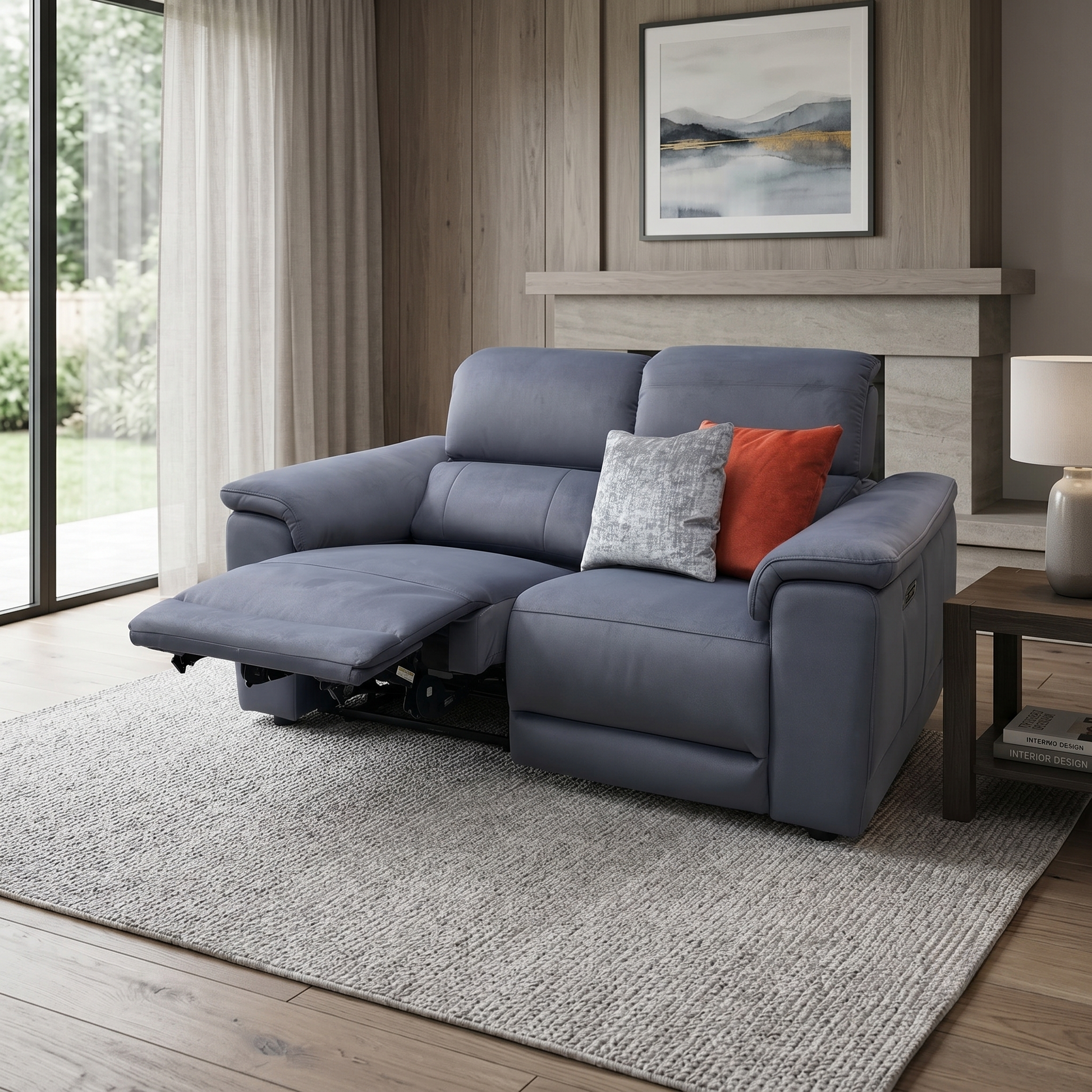 Living room of the Genius iron grey fabric 2-seater sofa fully reclined with power headrests tilted forward, demonstrating independent electronic controls for customized lounging comfort.