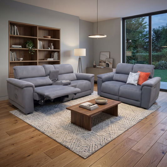 'Genius’ Bella Iron Grey 43460 Velvet 3+2 Seater Power Recliner Media Sofa with Power Headrest, Power Lumbar and Heated Seats