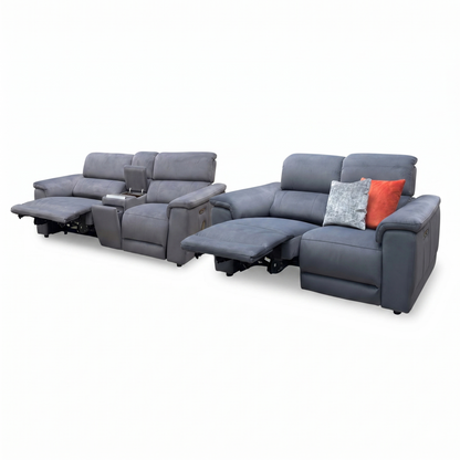 'Genius’ Bella Iron Grey 43460 Velvet 3+2 Seater Power Recliner Media Sofa with Power Headrest, Power Lumbar and Heated Seats