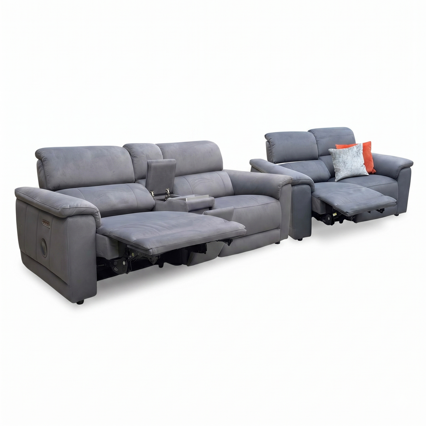 Gray reclining sofa set with additional seat on a white background